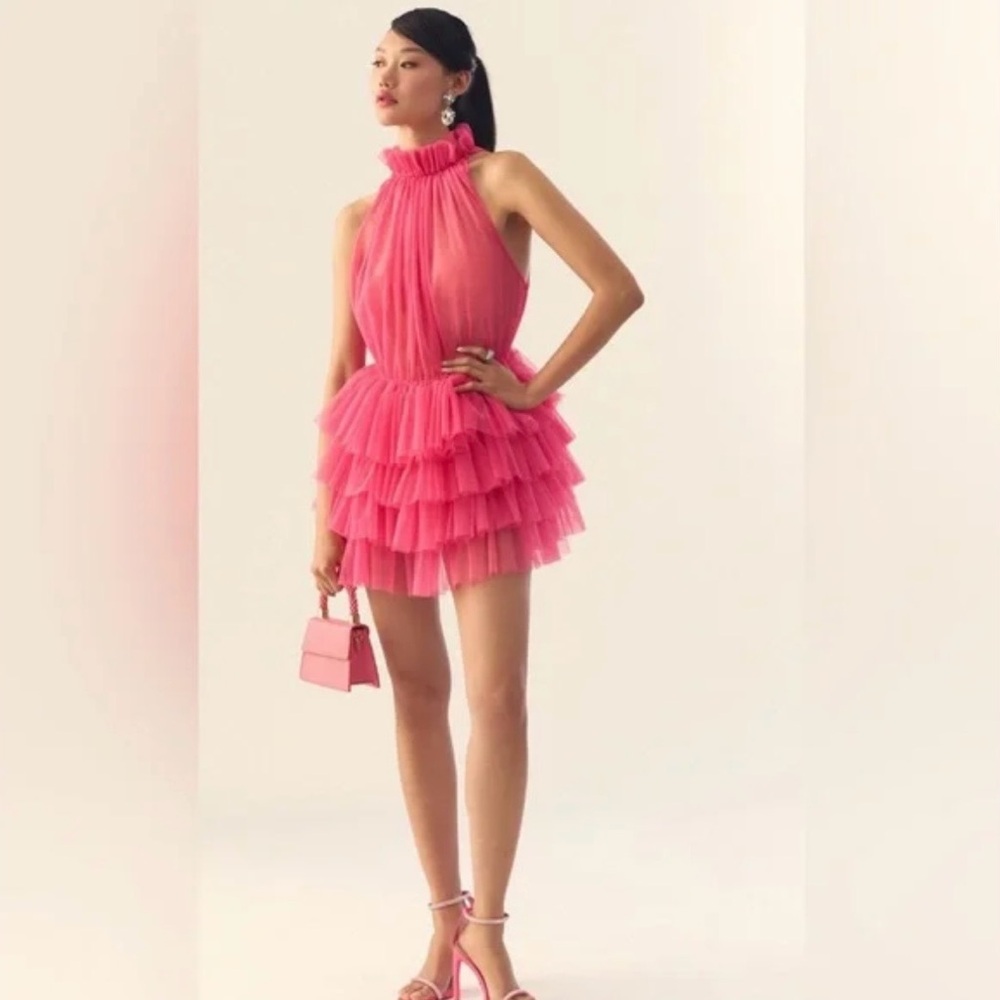 Anthropologie Pink Tulle Ruffle Dress OS